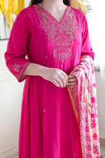 Designer Chanderi Suit Set with V-Neck Embroidery & Cotton Dupatta