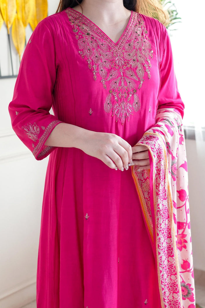 Designer Chanderi Suit Set with V-Neck Embroidery & Cotton Dupatta