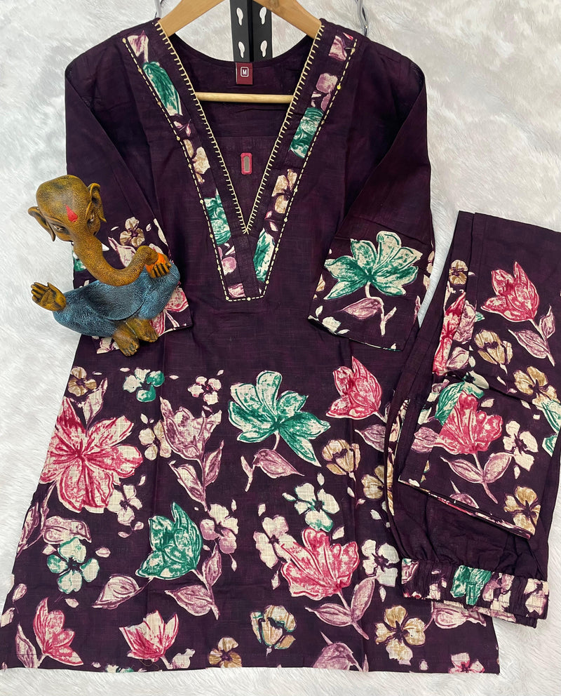 Elegant Purple Pure Cotton Floral Co-ords Set