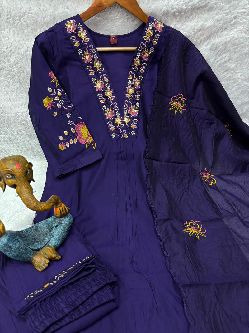 Elegant Royal Purple Embroidered Viscose Marina Silk Kurti Pant Dupatta Set