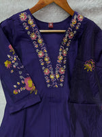 Elegant Royal Purple Embroidered Viscose Marina Silk Kurti Pant Dupatta Set