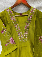 Graceful Olive Green Embroidered Viscose Marina Silk Kurti Pant Dupatta Set