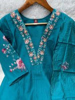 Elegant Teal Blue Embroidered Viscose Marina Silk Kurti Pant Dupatta Set