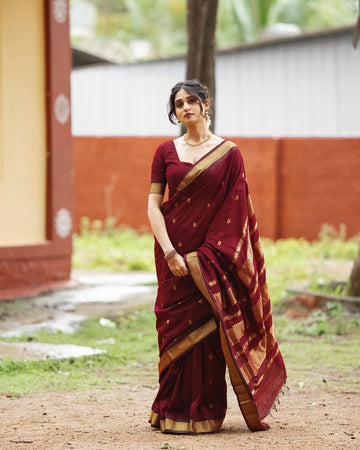 Royal Maroon Jacquard Saree with Rich Woven Patterns | Classic Festive Elegance