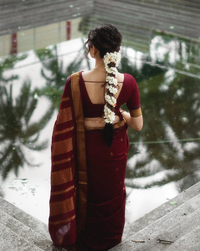 Royal Maroon Jacquard Saree with Rich Woven Patterns | Classic Festive Elegance