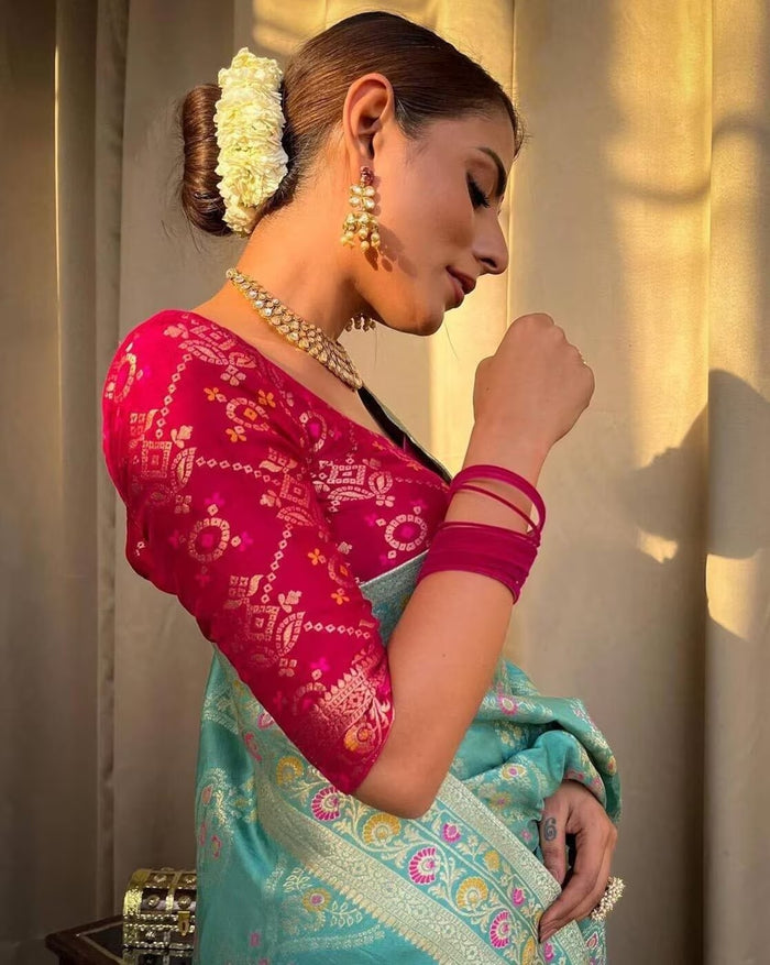 Tea Blue Jacquard Saree with Luxurious Woven Detailing | Elegant Ethnic Wear