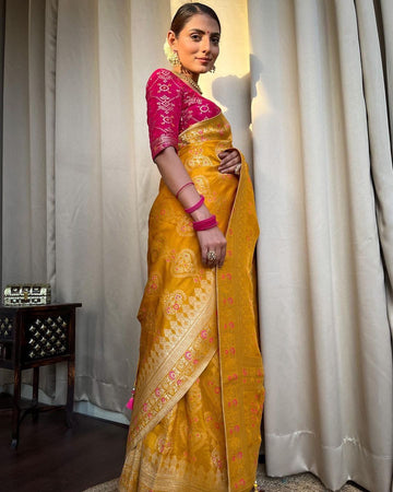 Elegant Yellow Jacquard Saree with Rich Woven Motifs