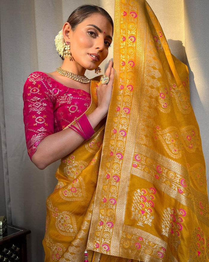 Elegant Yellow Jacquard Saree with Rich Woven Motifs