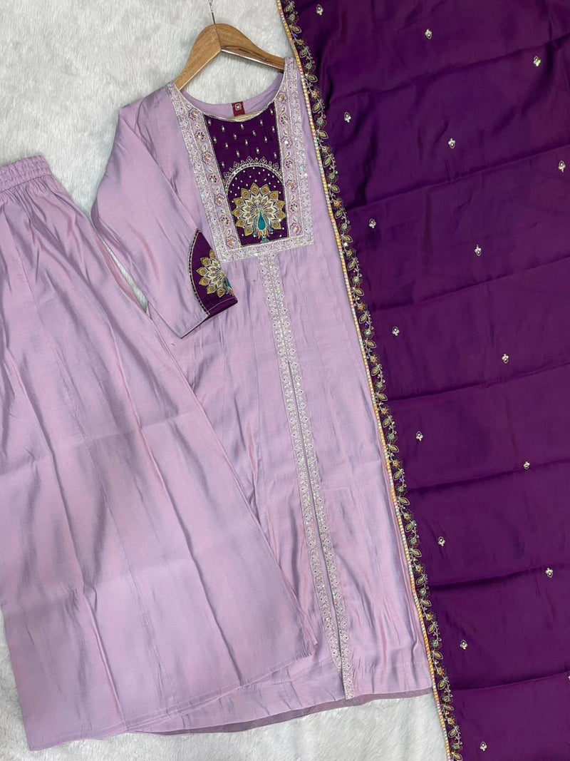Elegant Light Lovender Roman Silk Kurti Set