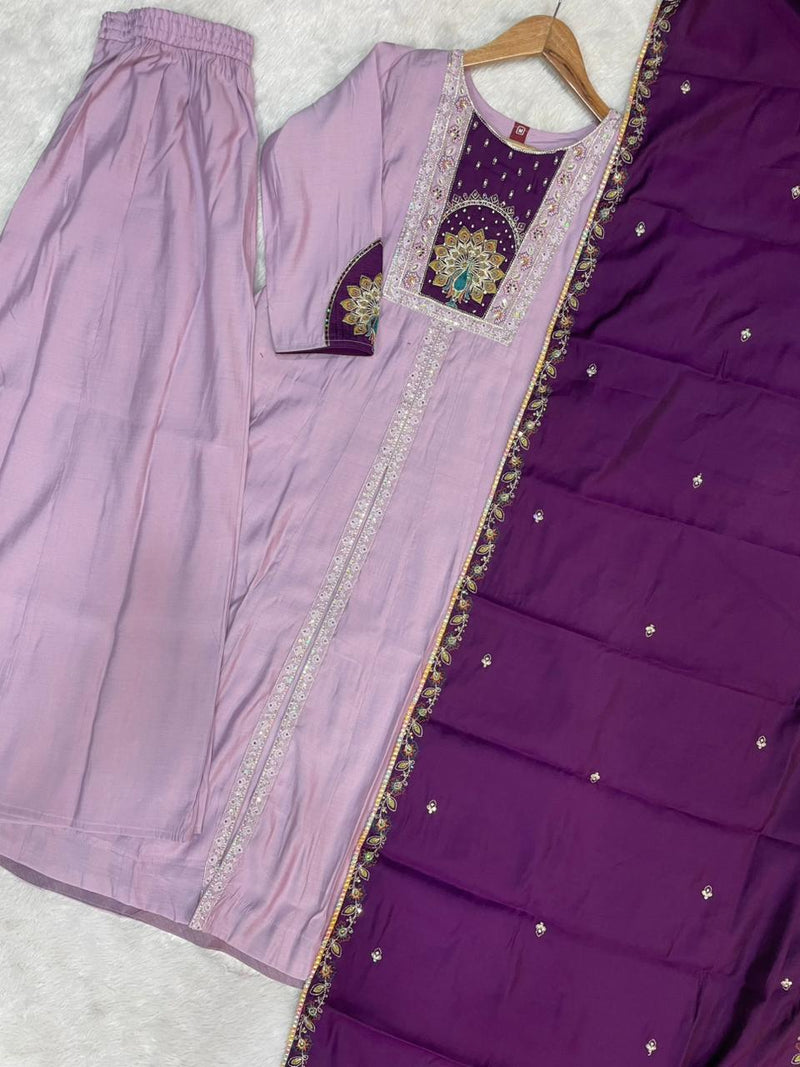 Elegant Light Lovender Roman Silk Kurti Set
