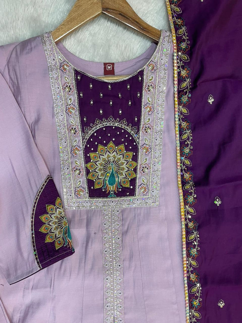 Elegant Light Lovender Roman Silk Kurti Set