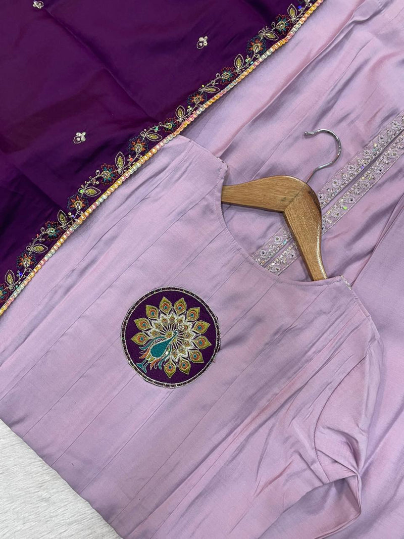 Elegant Light Lovender Roman Silk Kurti Set