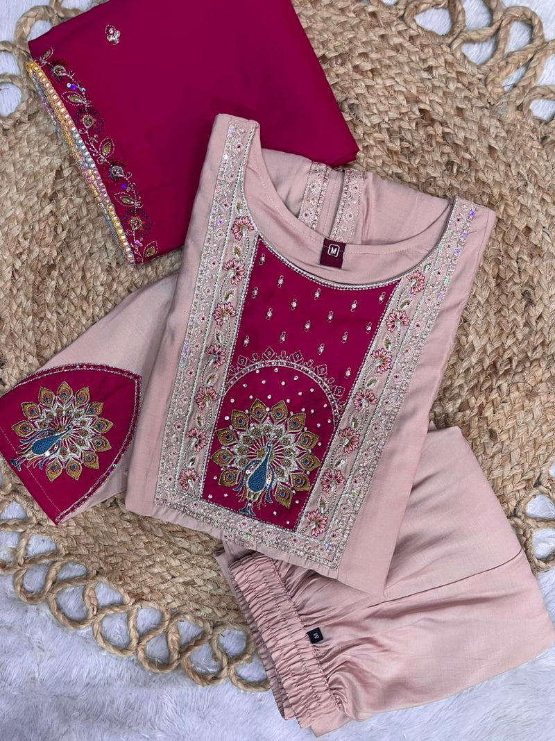 Elegant Peach Roman Silk Kurti Set