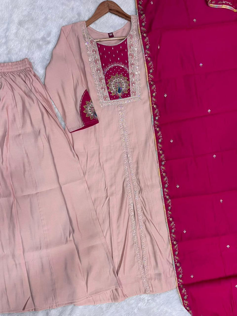 Elegant Peach Roman Silk Kurti Set