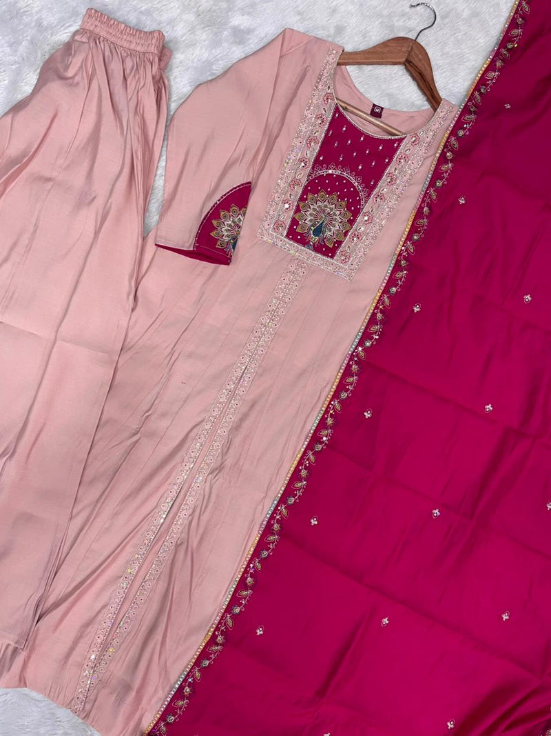 Elegant Peach Roman Silk Kurti Set