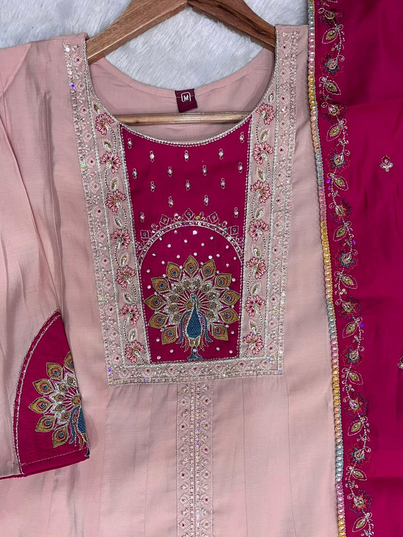 Elegant Peach Roman Silk Kurti Set