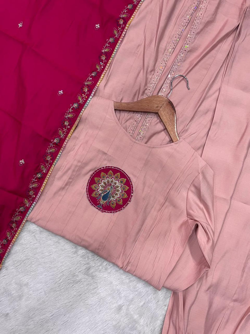Elegant Peach Roman Silk Kurti Set