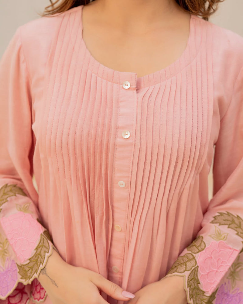 Elegant Peach Mul Chanderi Embroidered Cord Set for Women