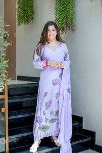 Lavender Chinon Flared Kurta Set for Women