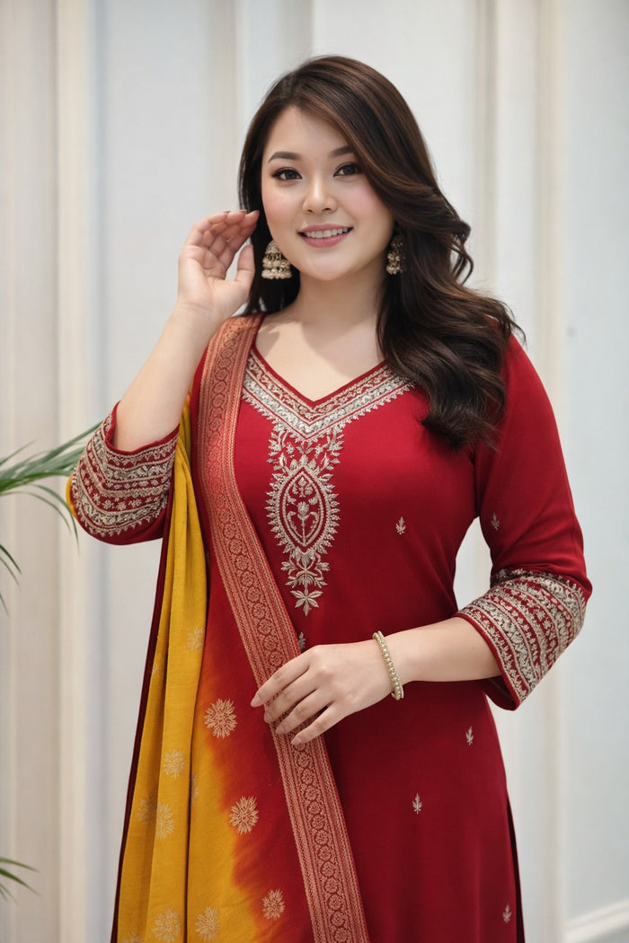 Berry Pure Silk Kurta Set with Kanjivaram Dupatta