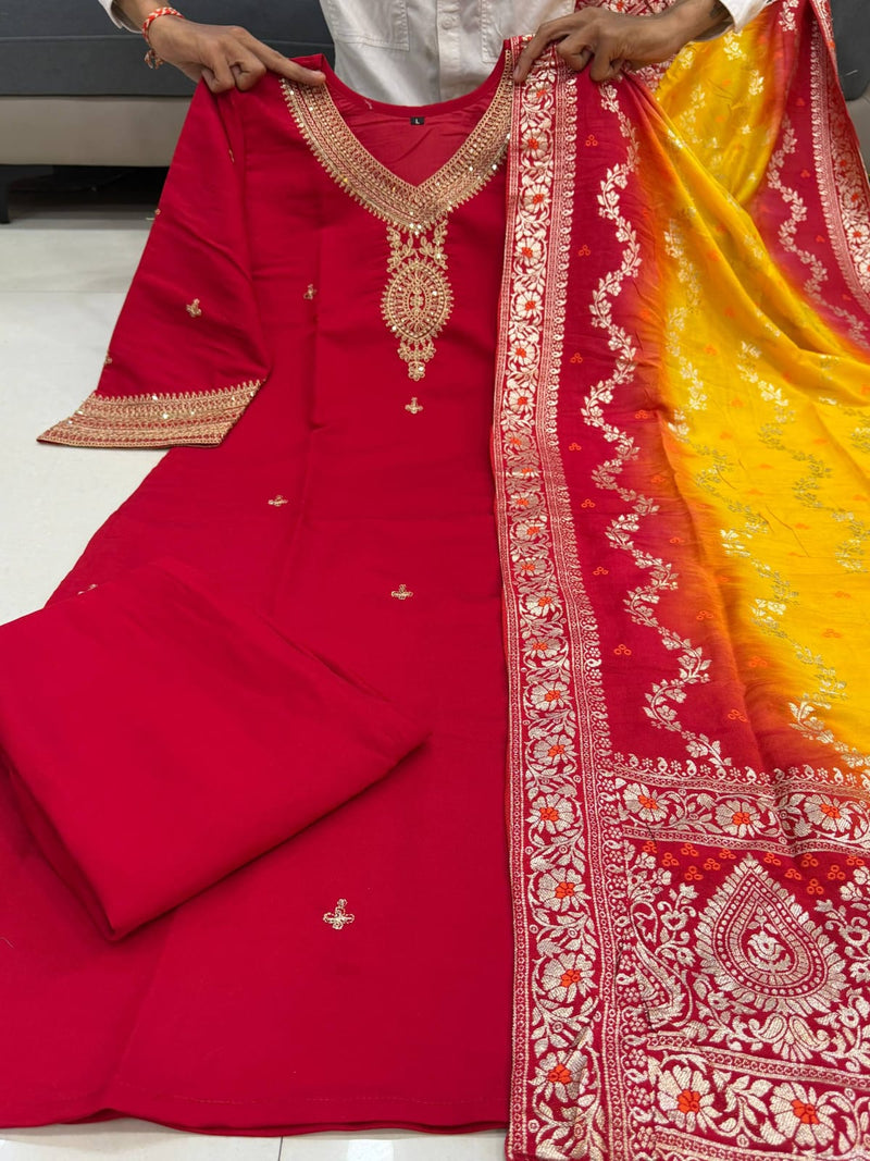 Berry Silk Kurta Set with Kanjivaram Dupatta