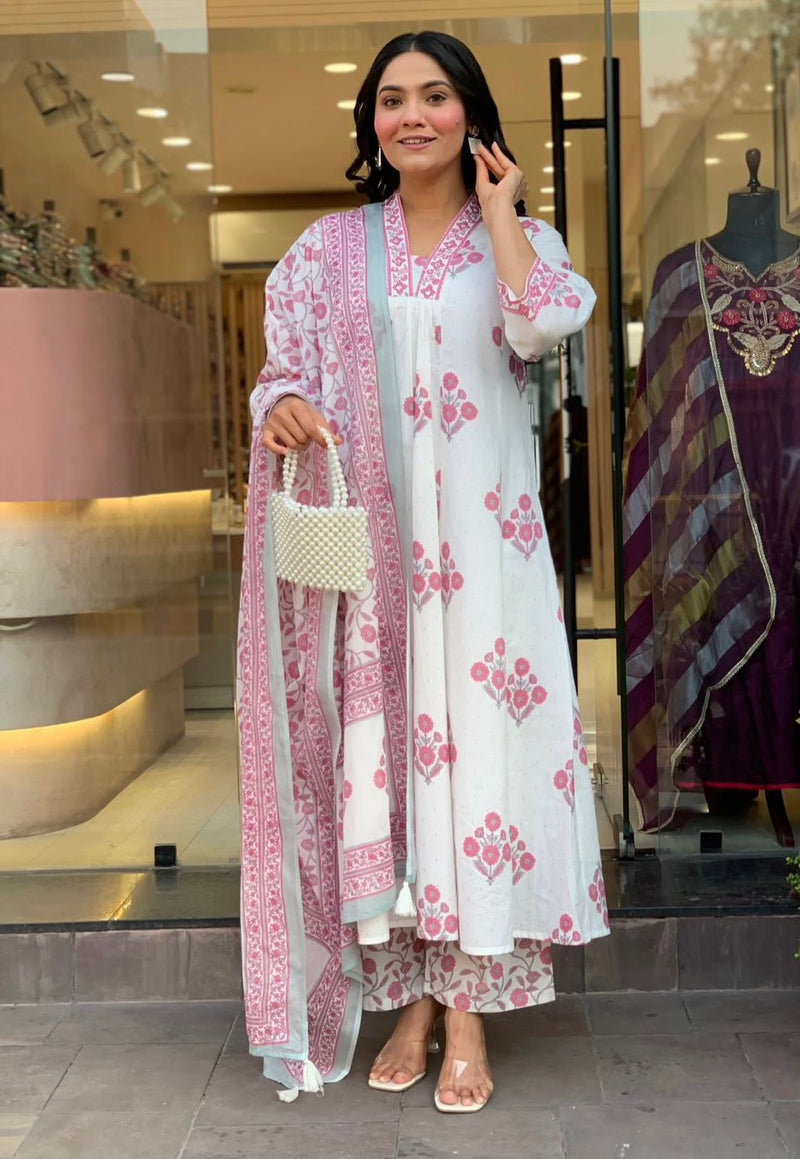 Mul Mul Cotton Ghera Suit Set with Dupatta