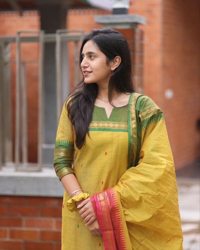 Mustard Pure Kanchi Cotton Suit Set with Jacquard Dupatta