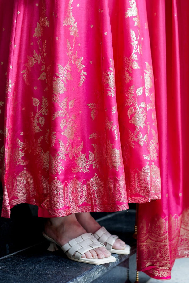 Pink Banarasi Anarkali Suit Set with Dupatta