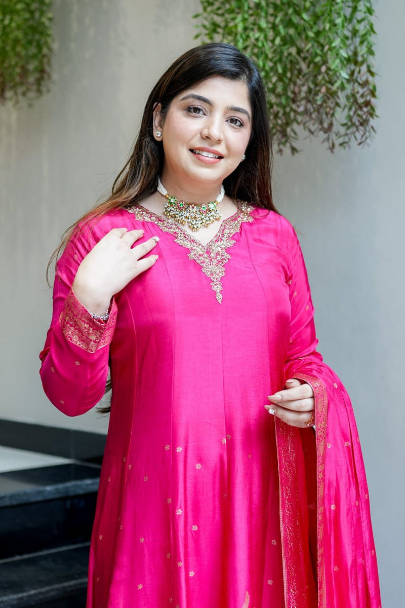 Pink Banarasi Anarkali Suit Set with Dupatta