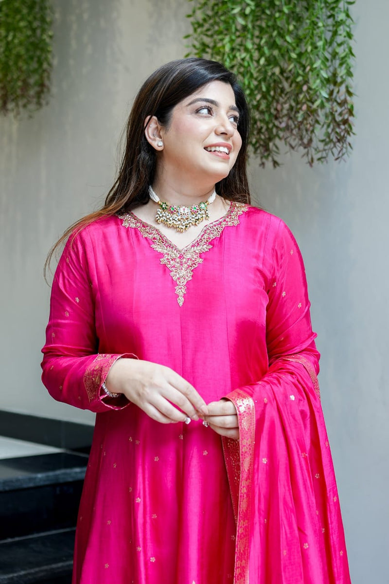 Pink Banarasi Anarkali Suit Set with Dupatta