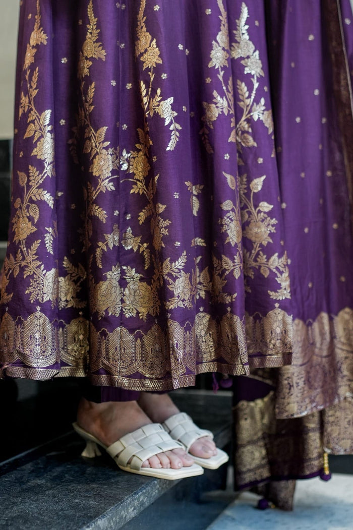Purple Banarasi Anarkali Suit Set with Dupatta