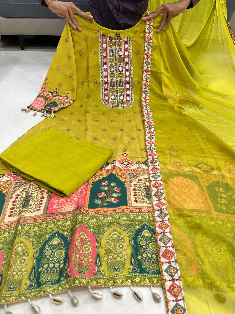 Pista Shanti Chinon Anarkali Kurti Palazzo Set with Chiffon Dupatta