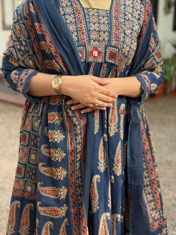 Jaipuri Blue Cotton Suit Set for Women with Dupatta