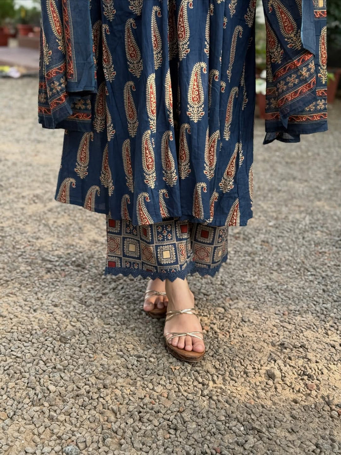 Jaipuri Blue Cotton Suit Set for Women with Dupatta