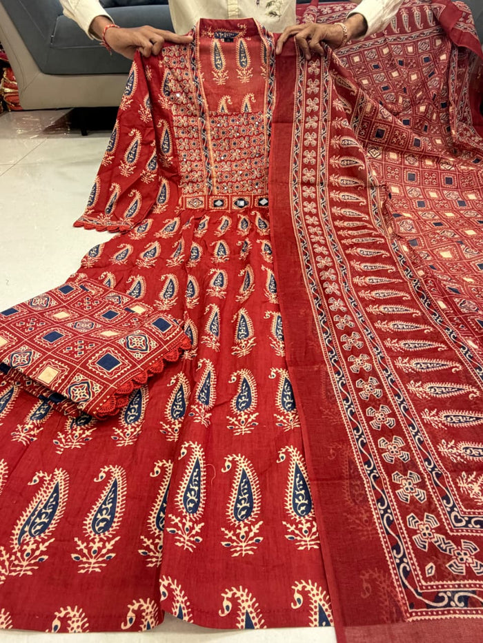 Jaipuri Maroon Cotton Suit Set for Women with Dupatta