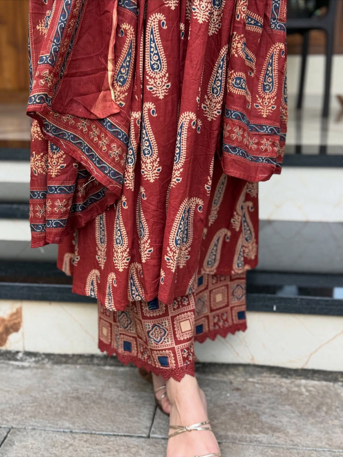 Jaipuri Maroon Cotton Suit Set for Women with Dupatta