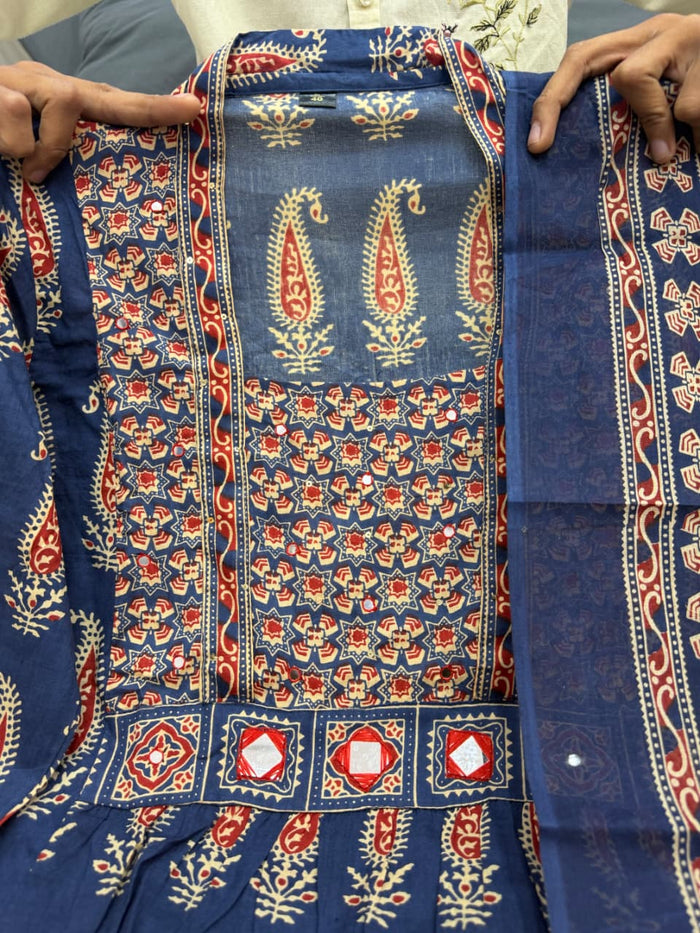 Jaipuri Blue Cotton Suit Set for Women with Dupatta