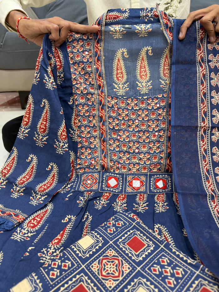 Jaipuri Blue Cotton Suit Set for Women with Dupatta