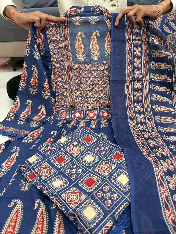 Jaipuri Blue Cotton Suit Set for Women with Dupatta