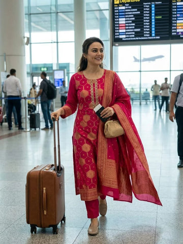 Elegant Red Banarasi Style Kurta Pant Dupatta Set
