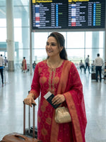 Elegant Red Banarasi Style Kurta Pant Dupatta Set