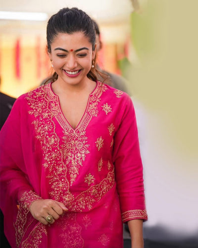 Pink Embroidered Berry Silk Kurti Pant Dupatta Set for Women