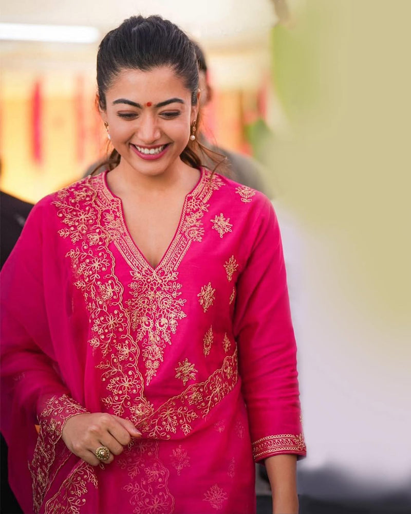 Pink Embroidered Berry Silk Kurti Pant Dupatta Set for Women