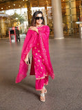 Pink Embroidered Berry Silk Kurti Pant Dupatta Set for Women