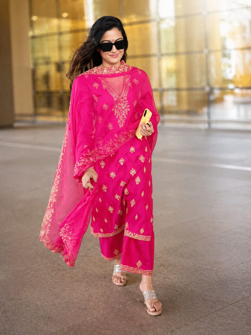 Pink Embroidered Berry Silk Kurti Pant Dupatta Set for Women