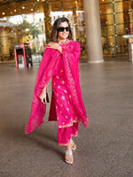 Pink Embroidered Berry Silk Kurti Pant Dupatta Set for Women