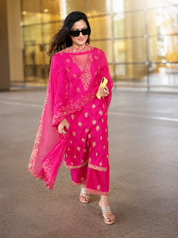 Pink Embroidered Berry Silk Kurti Pant Dupatta Set for Women