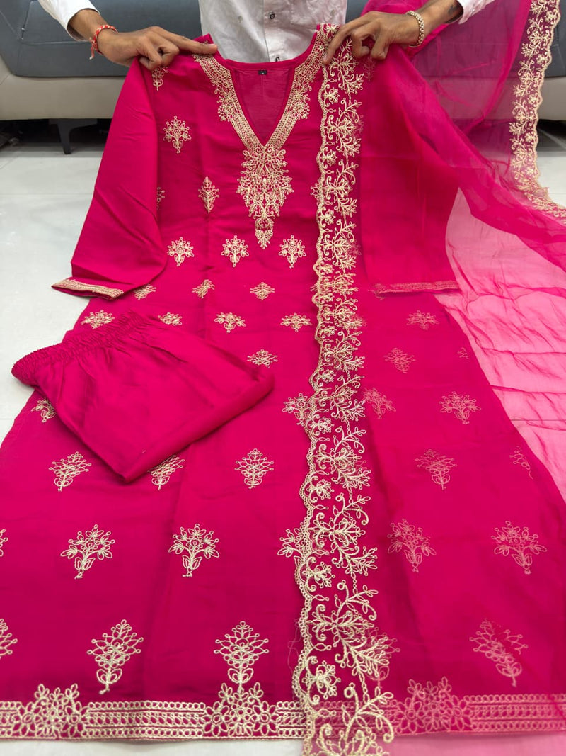 Pink Embroidered Berry Silk Kurti Pant Dupatta Set for Women