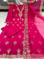 Pink Embroidered Berry Silk Kurti Pant Dupatta Set for Women
