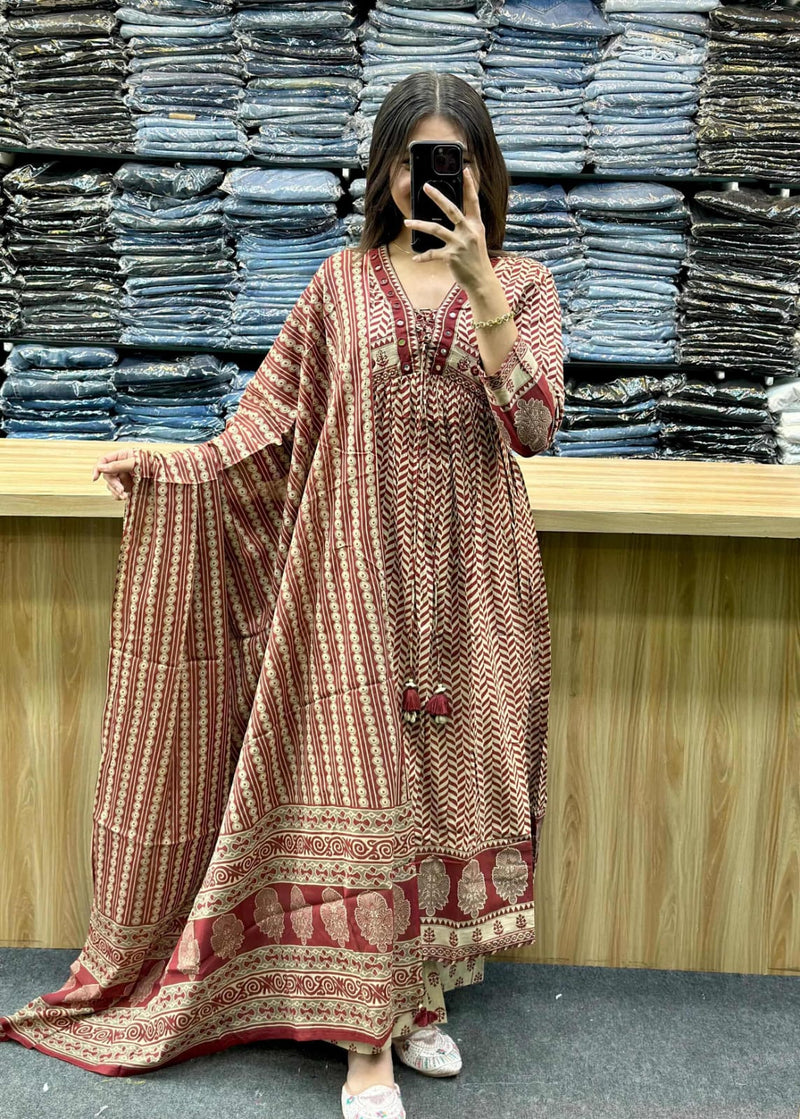 Pure Cotton Laheriya Ajrakh Print Anarkali Suit Set